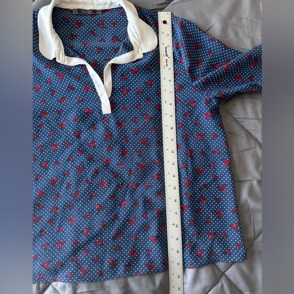 Zara Trafaluc Medium collared short sleeve paper crane print blouse navy blue - Picture 6 of 8